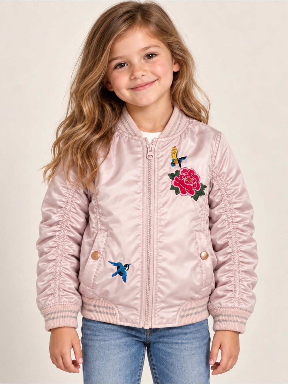 Hudson Girls 5 Pink Embroidered Satin Bomber Jacket - EUC